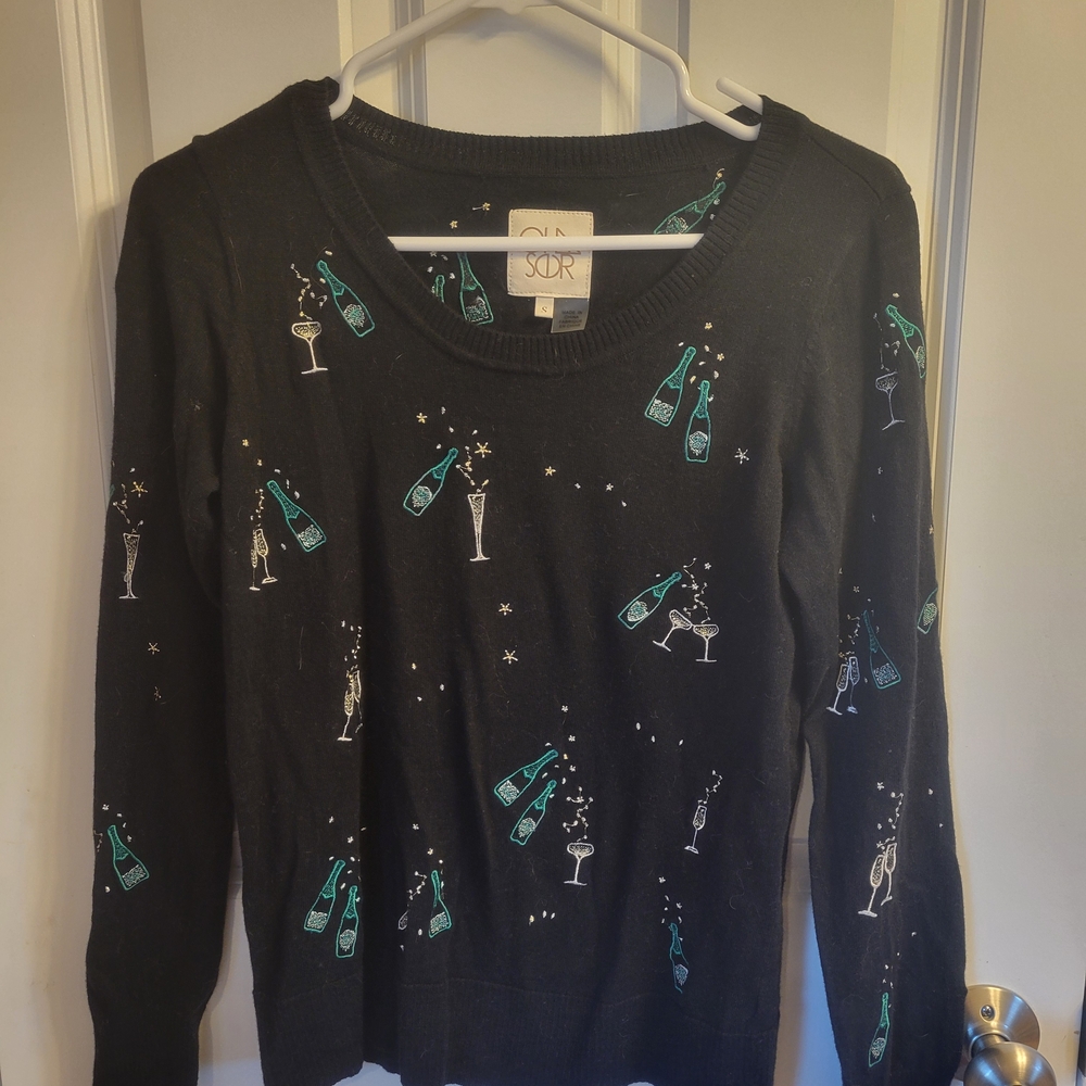 Chaser Black Sweater with Green and White Bottle Print